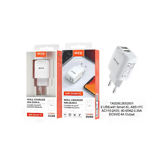 CARREGADOR ADAPTADOR RÁPIDO MTK TA0280 BL COM CHIP DE RECONHECIMENTO INTELIGENTE 2 PORTAS USB 2.4A MÁX. BRANCO